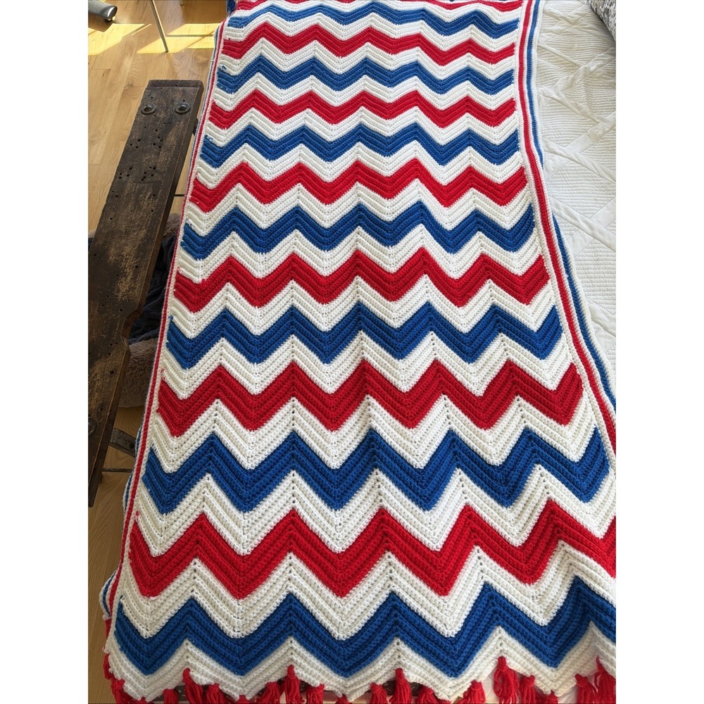vintage hand crocheted Red White Blue Throw Blanket 39in‎ W X 72 in L GWB002